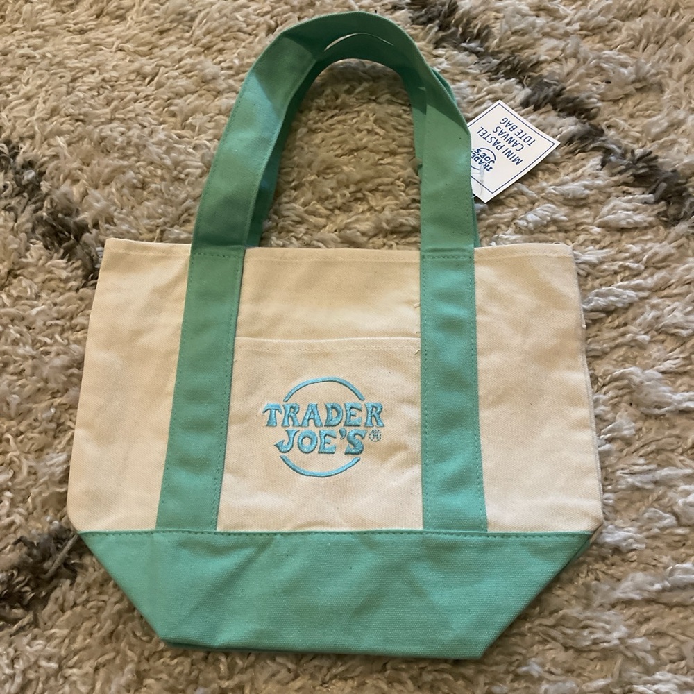Trader Joe's Mini Pastel Canvas Tote Bag in Green with Blue Embroidery